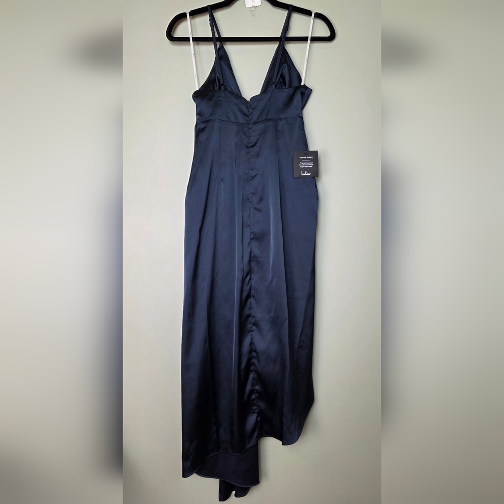 Lulus Caught Feelings Navy Blue Satin Ruffled Midi Dress Size XS - Picture 6 of 12